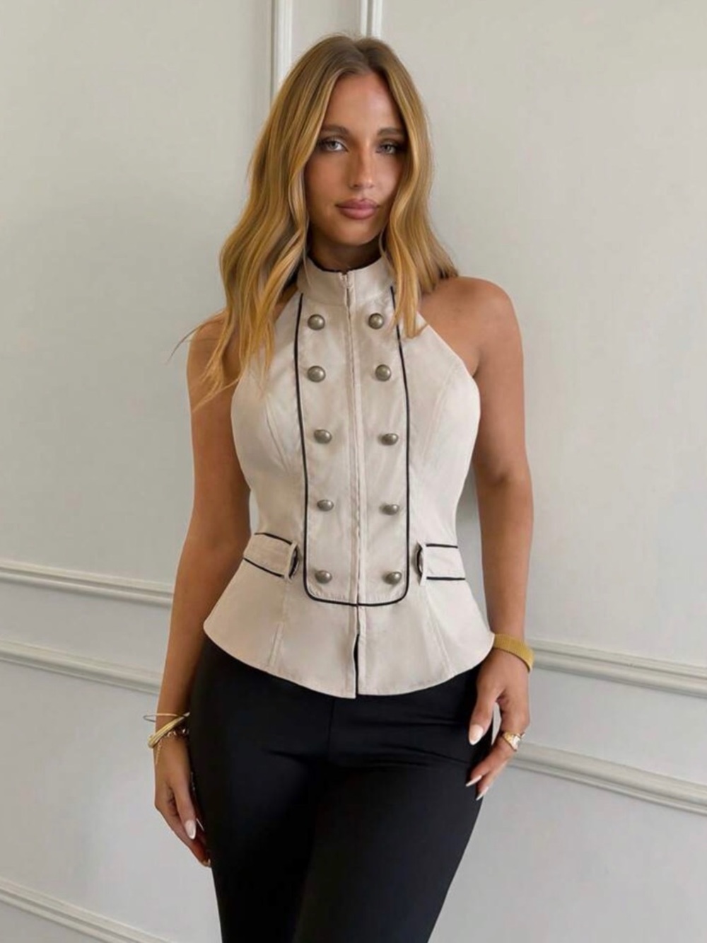 Ivory Military Halter Top Size Large Open Back Structured Vest Blouse